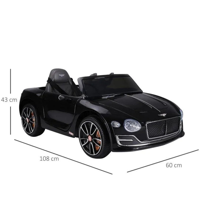 Black 12V kids Bentley GT electric ride-on car with LED lights, remote control, and dimensions shown