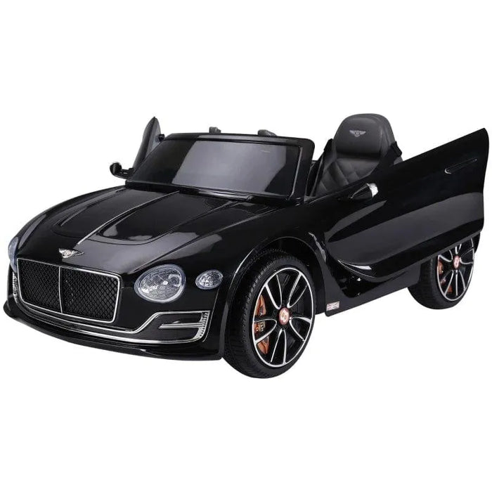 12V black Bentley GT electric ride-on car for kids with open door, LED lights, and remote control