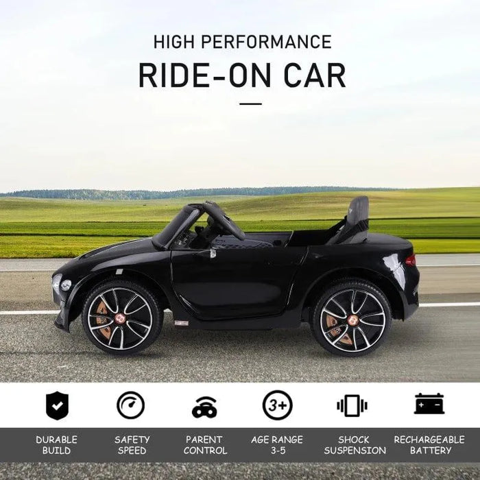 Black 12V Bentley GT kids electric ride-on car on road with remote control and LED lights