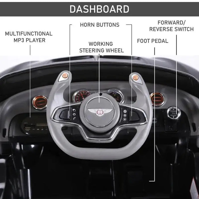 Kids Bentley GT electric ride-on car dashboard with labeled MP3 player, steering wheel, and controls