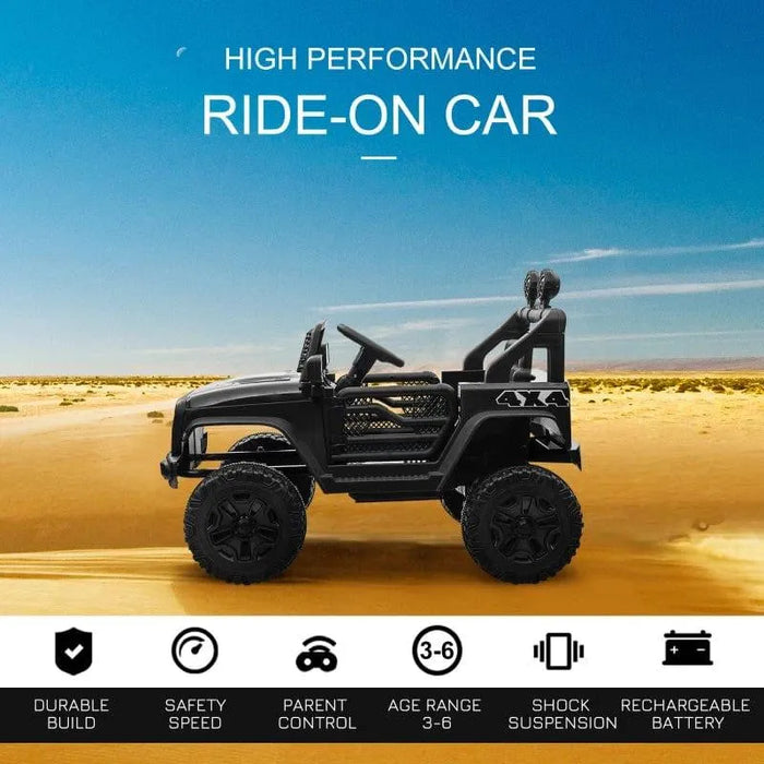 12V black kids off-road ride-on car with dual motors in a desert, 4x4 toy vehicle