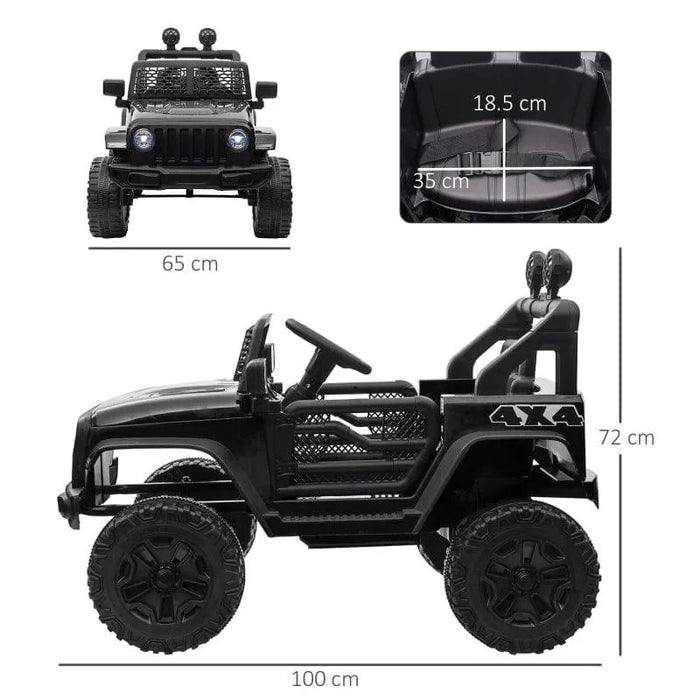 12V kids black off-road ride-on car with headlights, working doors, and size dimensions shown