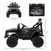 12V kids black off-road ride-on car with headlights, working doors, and size dimensions shown