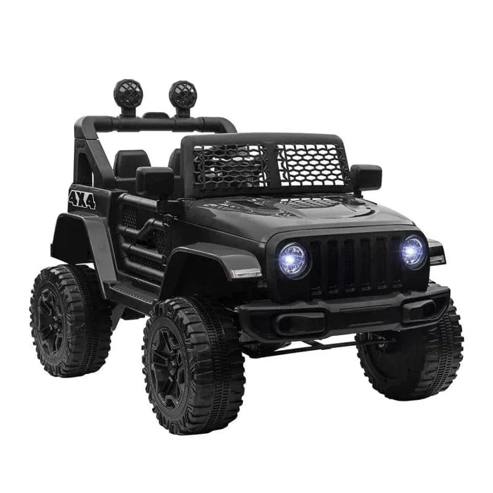 12V black kids off-road ride-on car with LED headlights and rugged 4x4 design