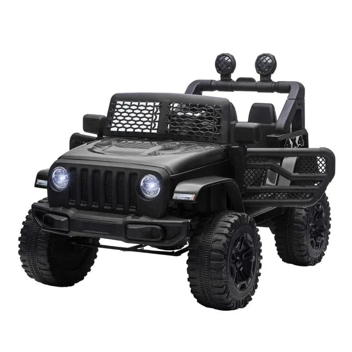 12V kids black off-road ride-on car with working doors and rugged wheels