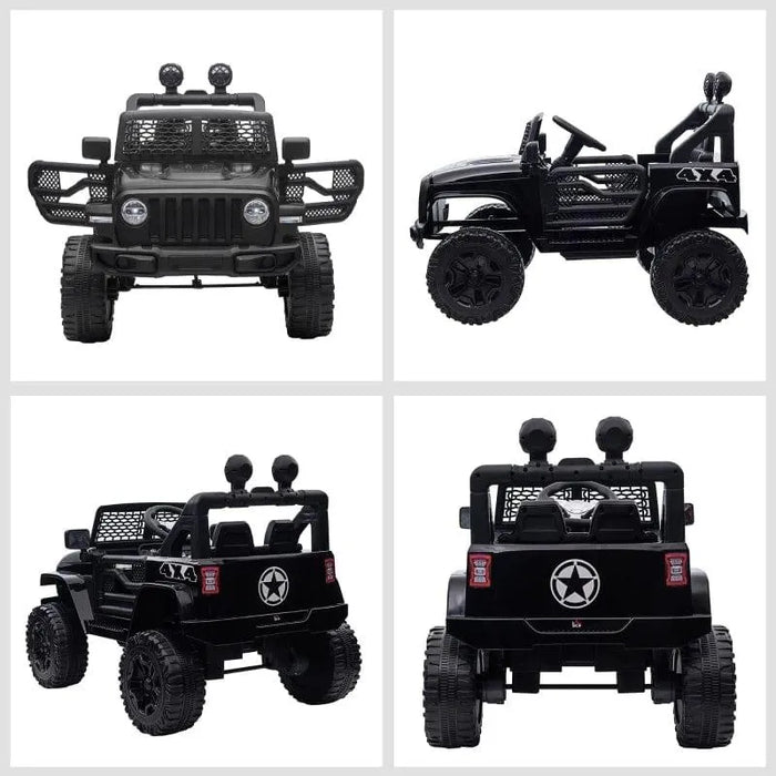 12V kids black off-road ride on car with dual motors, working doors, 4x4 design