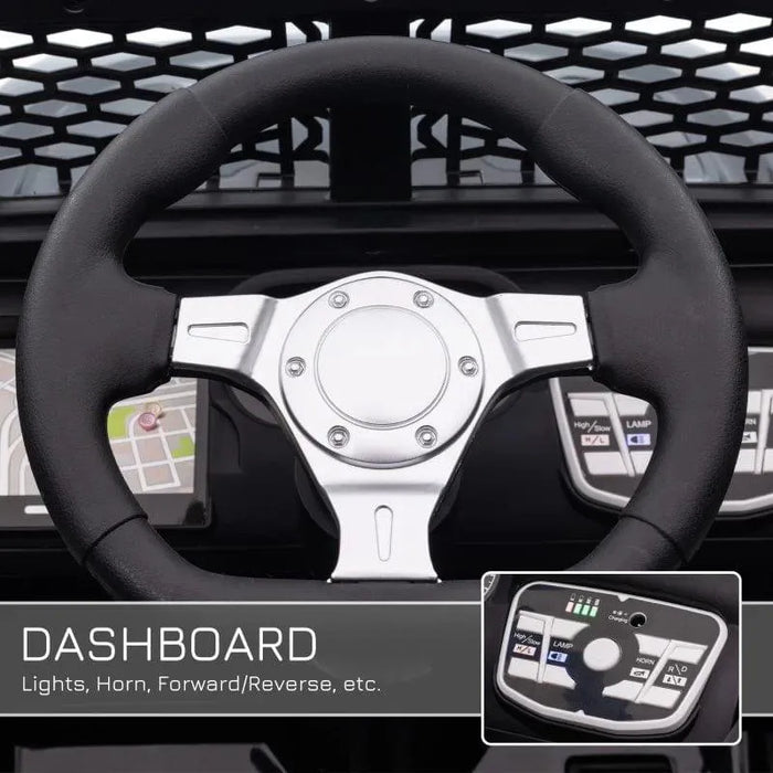 Close-up dashboard of black 12V kids ride-on car with steering wheel and control buttons