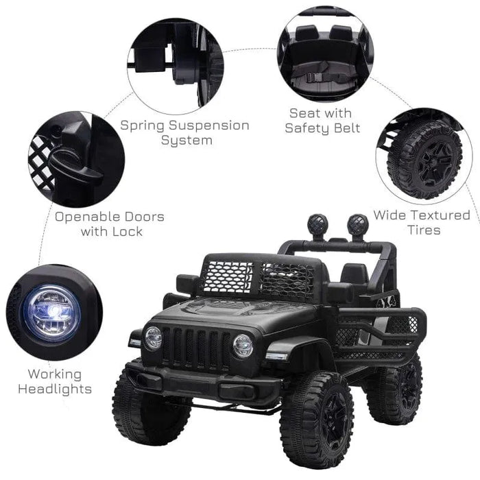 Black 12V kids off-road ride-on car with working headlights, textured tires, and safety features