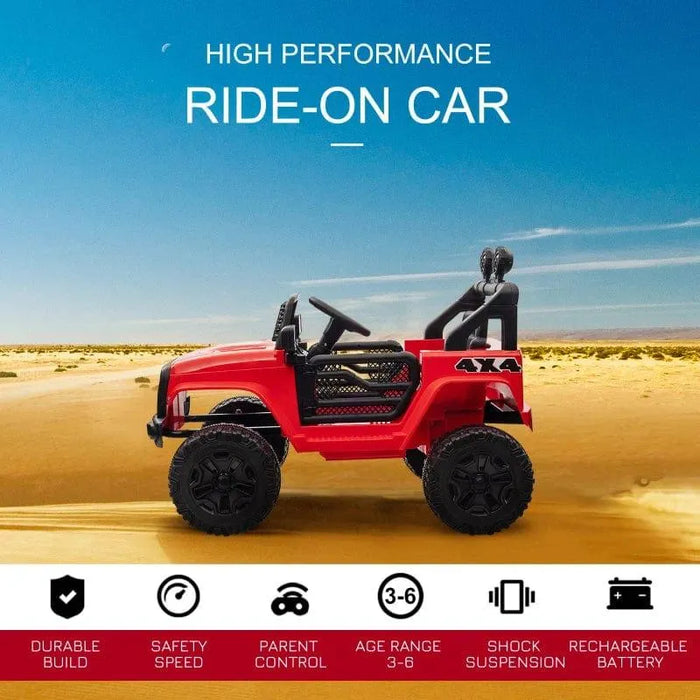 Red 12V kids off-road ride-on car with 4x4 wheels in sandy desert landscape