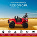 Red 12V kids off-road ride-on car with 4x4 wheels in sandy desert landscape