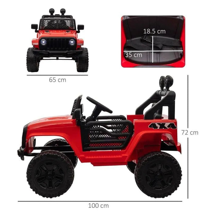 Red kids 12V off-road ride-on car 4x4 with black wheels, seat belt, and size measurements
