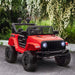 Red 12V kids off-road ride-on car with LED lights and working doors outdoors