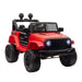 Red 12V kids ride-on off-road car with large tires, 4x4 decals, and working headlights