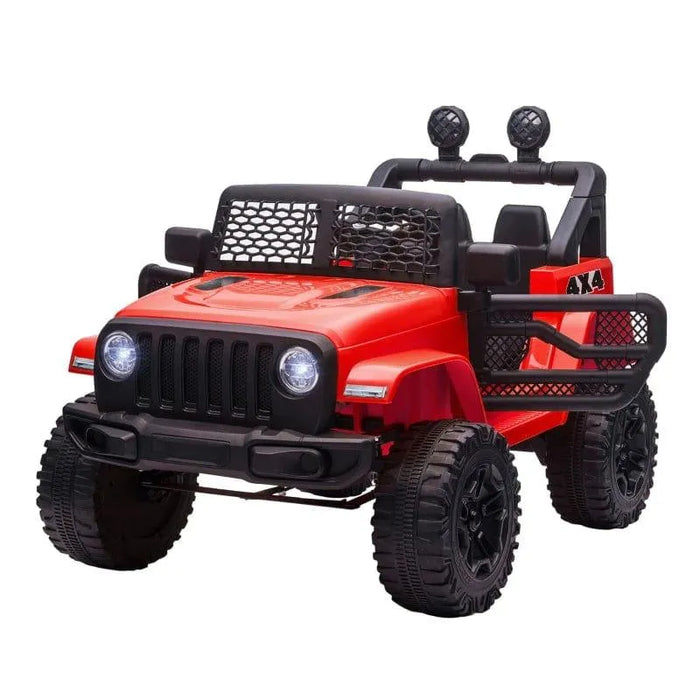 Red 12V kids off-road ride-on car with dual motors, working doors, and rugged design
