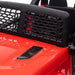 Close-up of red 12V kids off-road ride-on car with black mesh grille and detailed hood