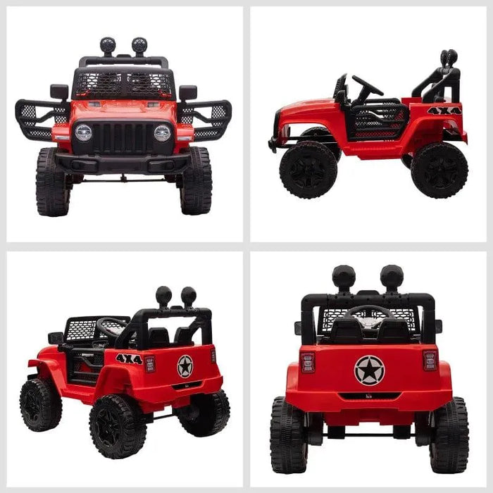 Red 12V kids off-road ride on car with dual motors, working doors, black wheels, 4x4 decals