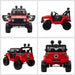 Red 12V kids off-road ride on car with dual motors, working doors, black wheels, 4x4 decals