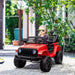 Child driving red 12V kids off-road ride-on car with working doors outdoors