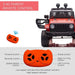 Red 12V kids off-road ride-on car with remote control and labeled button functions.