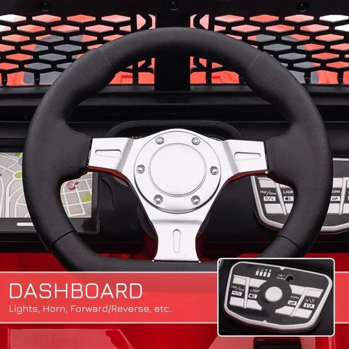 Close-up of 12V kids ride-on car dashboard with black steering wheel and control buttons