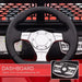 Close-up of 12V kids ride-on car dashboard with black steering wheel and control buttons