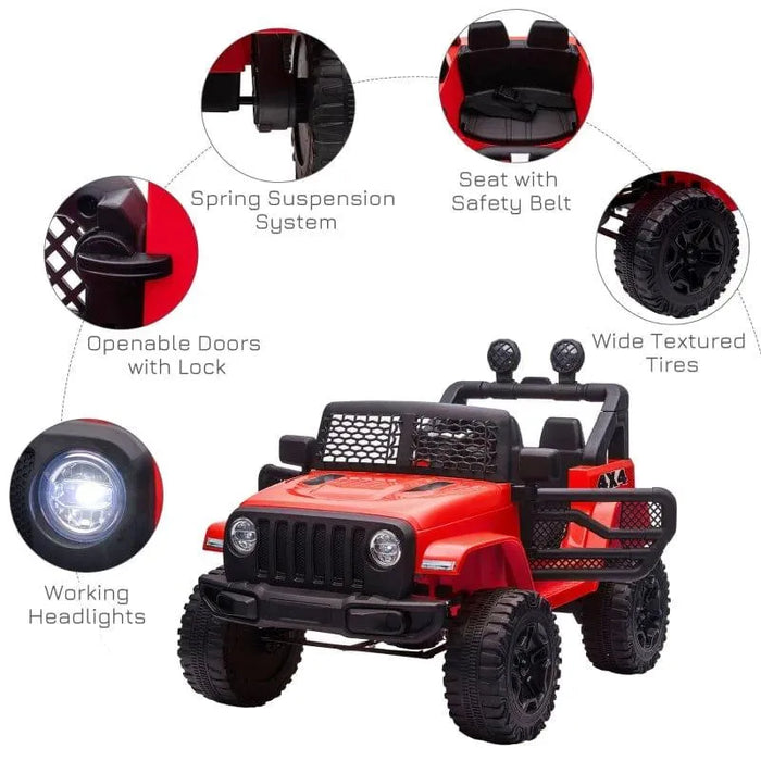 Red 12V kids off-road ride-on car with working headlights, openable doors, and safety belt.