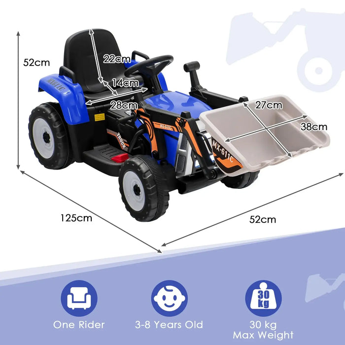 Measurement chart of a toy lawn mower with dimensions and weight capacity on a white background.