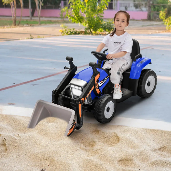Child sitting on a toy tractor in an outdoor setting