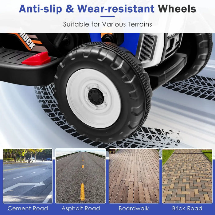 Anti-slip and wear-resistant wheels of a toy car with images of different terrains.
