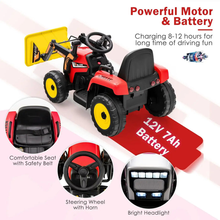 Children's toy tractor with features highlighted on a white background