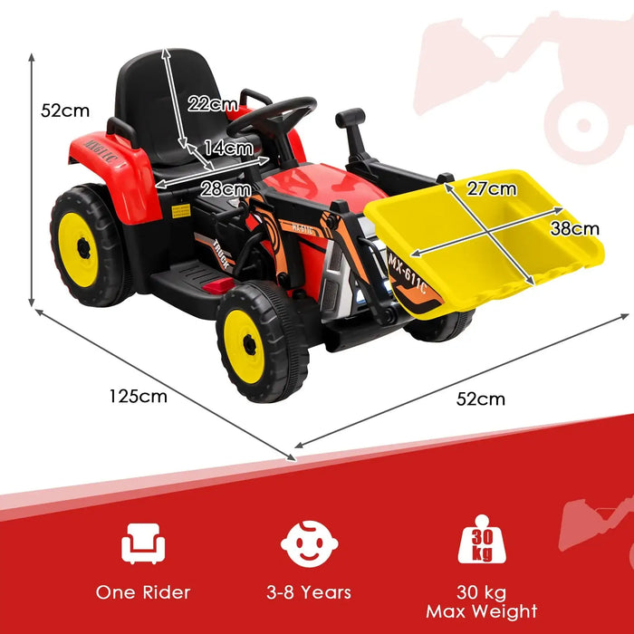 Toy tractor with measurements and safety information on a white background