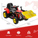 Toy tractor with measurements and safety information on a white background