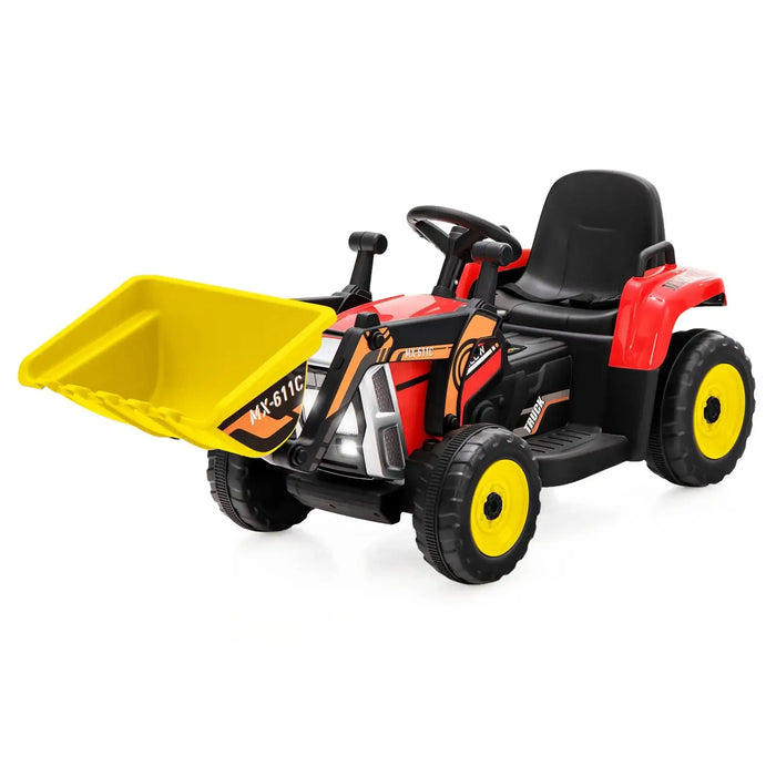 Toy construction vehicle with yellow bucket and black seat on a white background