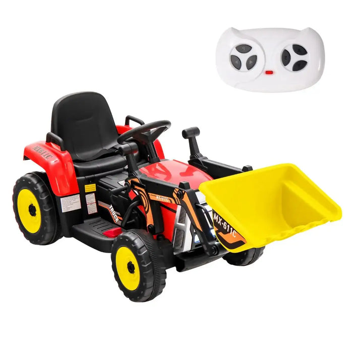 Toy tractor with yellow front loader and remote control on a white background