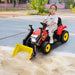 Child playing with a red toy bulldozer on a playground