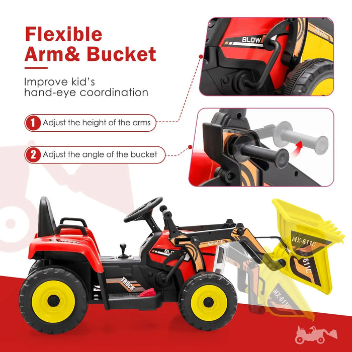 Toy construction vehicle with flexible arm and bucket feature on a red background