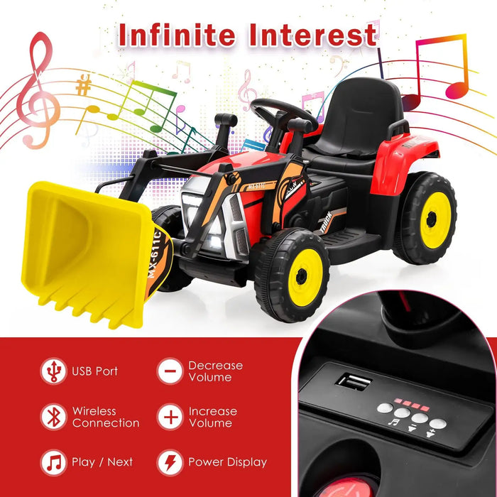 Children's toy tractor with USB port, volume control, and music notes on a white background