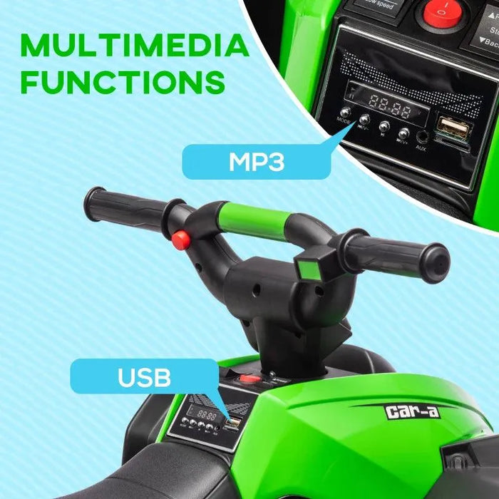 Green 12V kids ride-on ATV quad bike handlebar with MP3 and USB multimedia features
