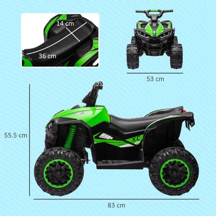 Green 12V kids ride-on quad ATV bike with LED headlights, music, and size dimensions shown