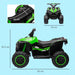 Green 12V kids ride-on quad ATV bike with LED headlights, music, and size dimensions shown