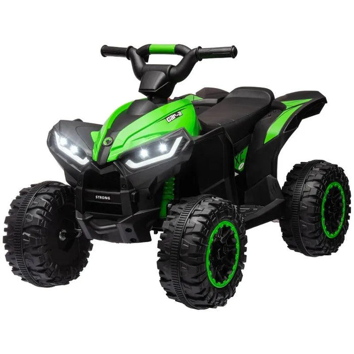 Green 12V kids ride-on quad ATV bike with LED headlights and rugged black tires