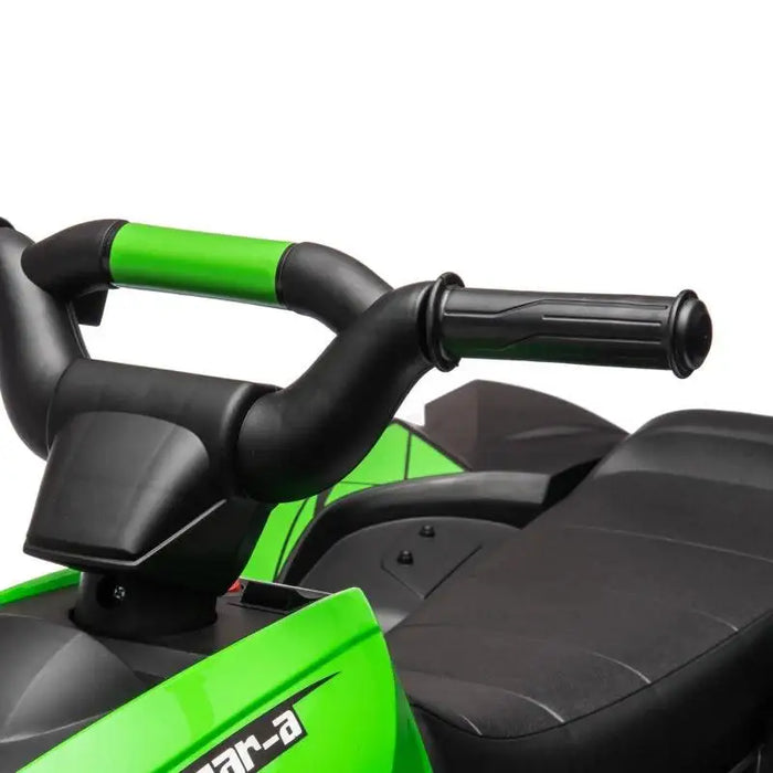 Close-up of green kids ride-on quad ATV bike handlebar and seat