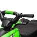 Close-up of green kids ride-on quad ATV bike handlebar and seat