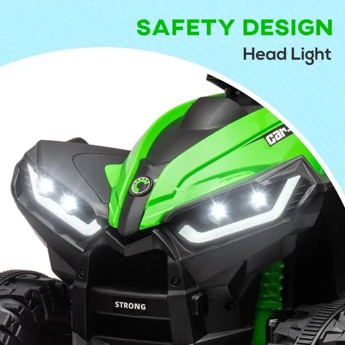 Green kids ride on quad ATV with LED headlights and rugged tires, safety design visible
