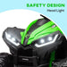 Green kids ride on quad ATV with LED headlights and rugged tires, safety design visible