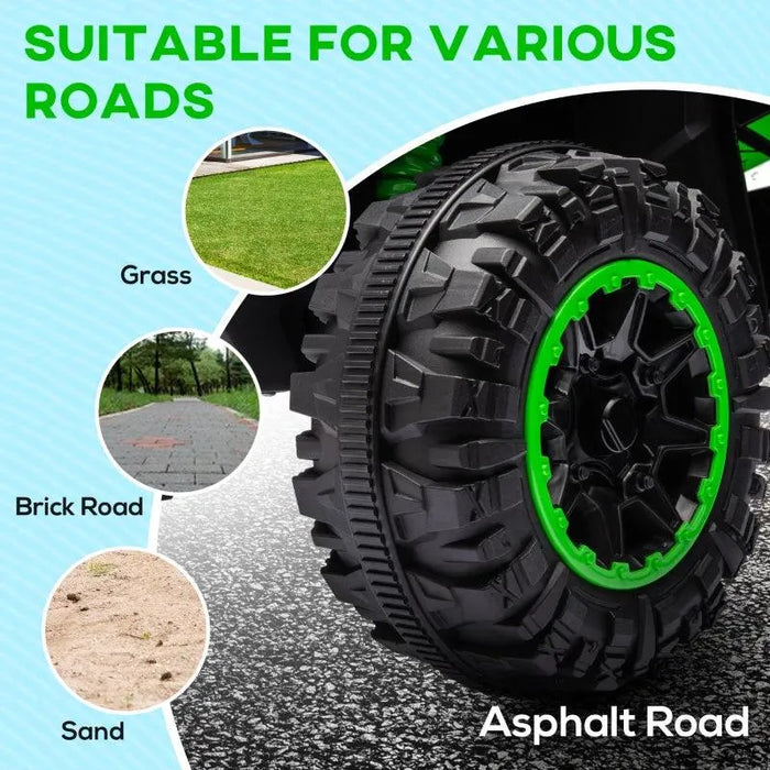 Close-up of 12V kids ride-on ATV quad tire, suitable for asphalt, grass, sand, brick roads