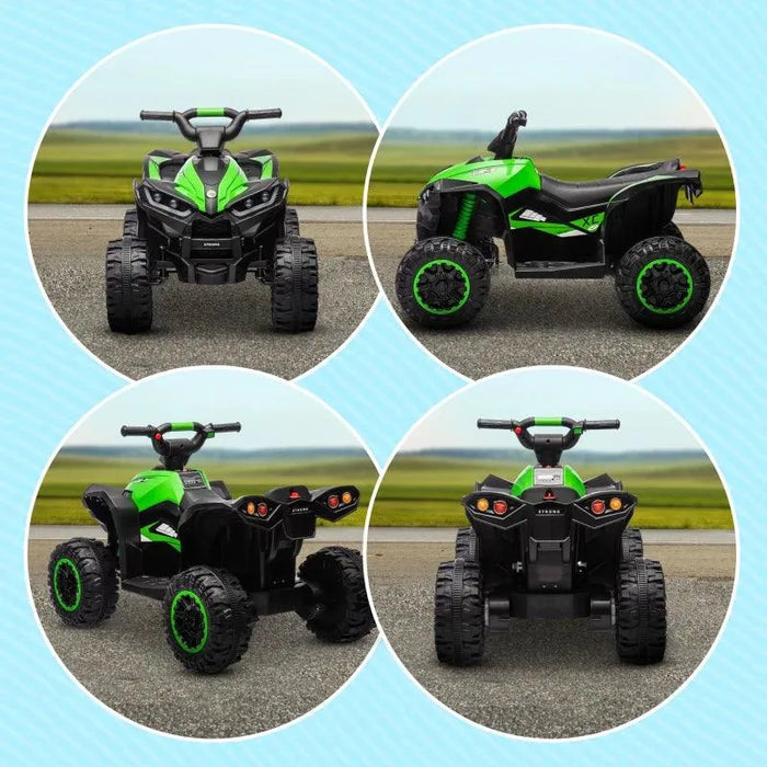 Green 12V kids ride-on quad ATV with LED headlights, dual speed, and rugged tires