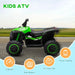 Green 12V kids ride on ATV quad bike with black wheels, outdoor setting, feature icons below.