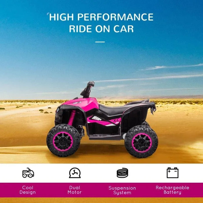 Pink 12V kids ride-on quad ATV bike with large tires, shown on a desert background