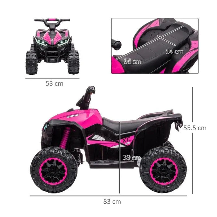 Pink 12V kids ride-on quad ATV bike with LED headlights, music, dual speed, and size measurements